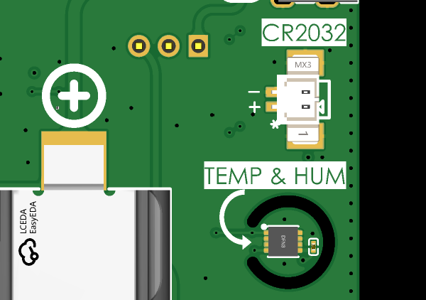 Ubicación del conector CR2032, pin positivo marcado con un asterisco