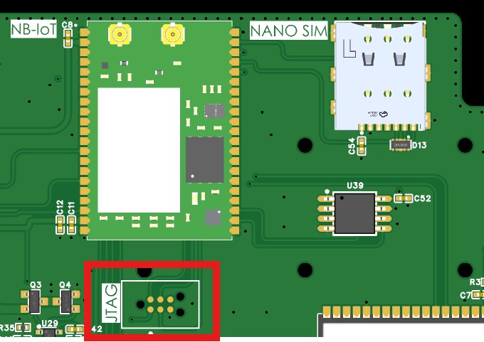 ISURLOG PCB layout with the JTAG programming port highlighted
