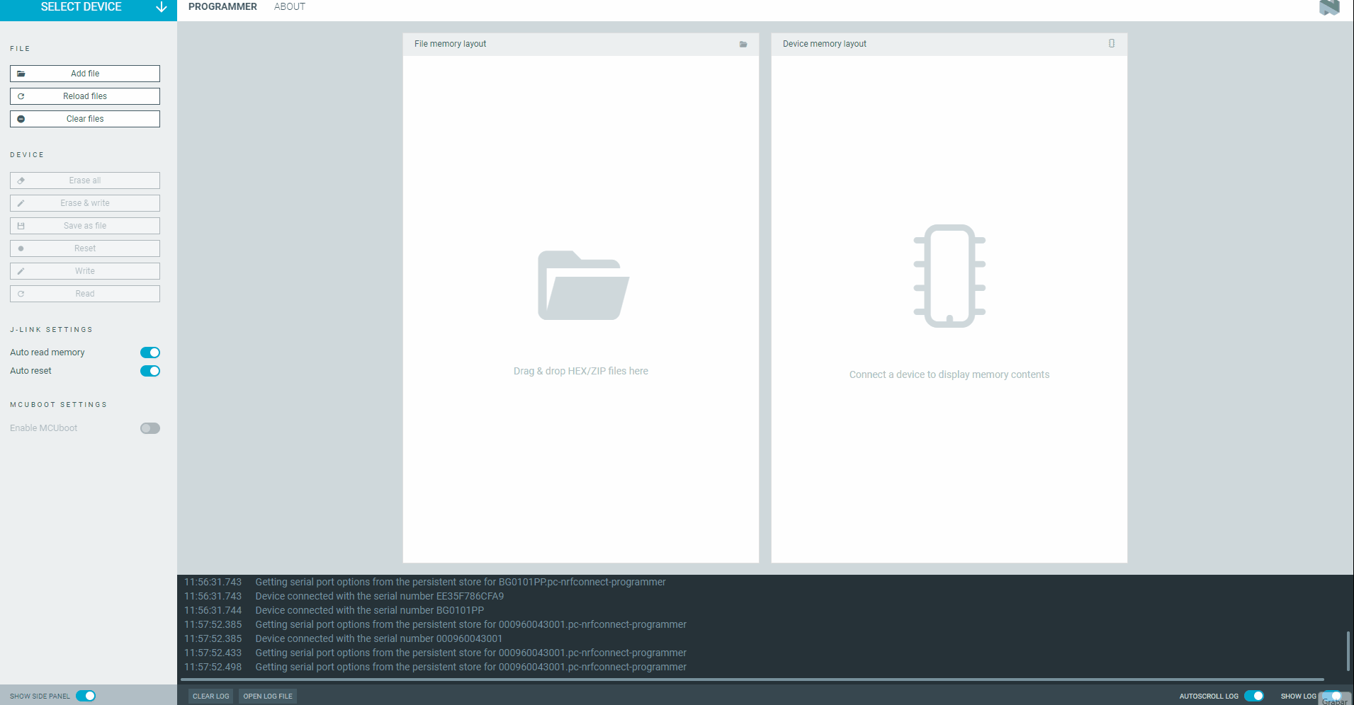 nRF Connect Programmer: flashing merged.hex followed by the modem firmware