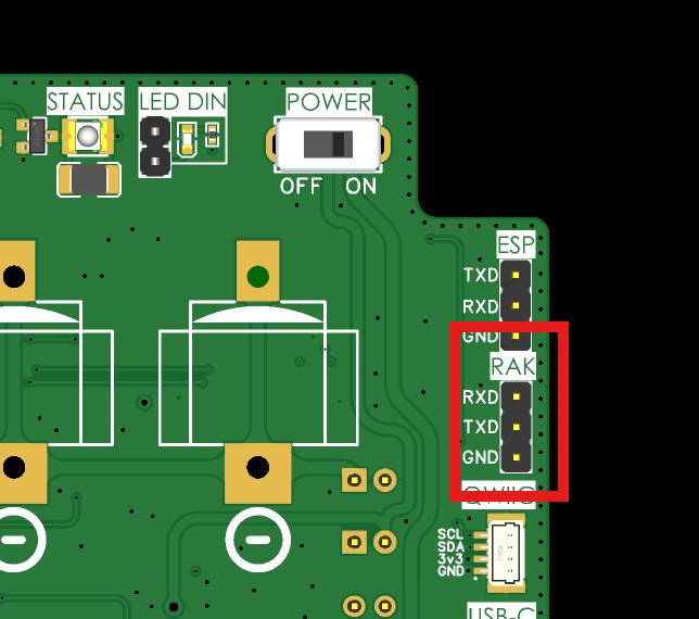 ISURLOG PCB layout with the RAK3172 programming port highlighted