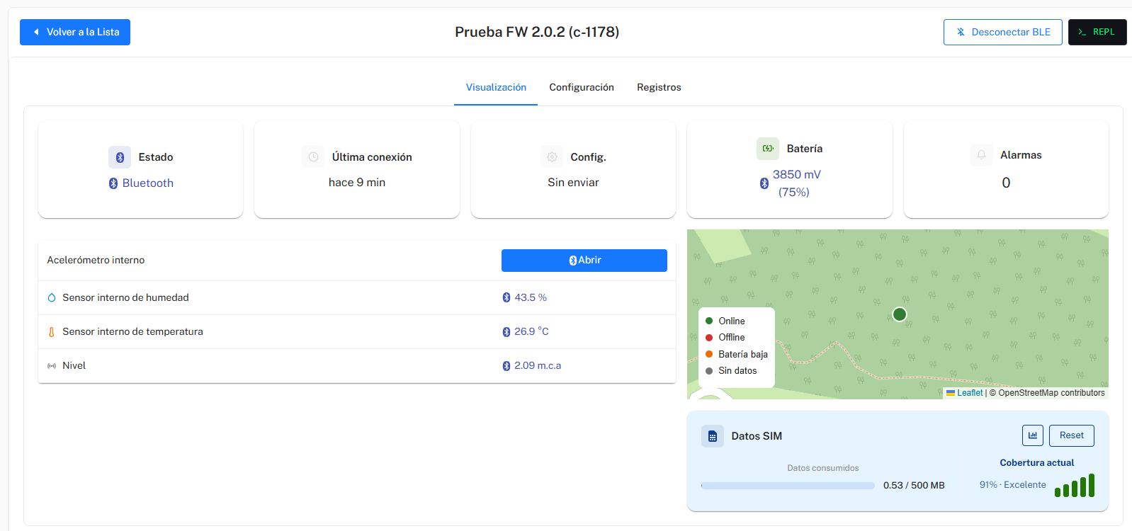 IsurDASH device page while connected over Bluetooth