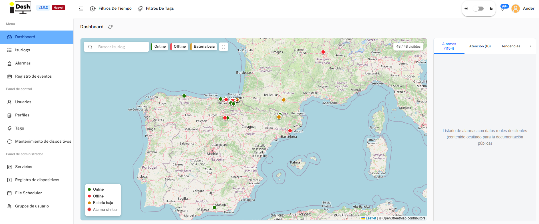 IsurDASH Dashboard fleet map and alarms panel