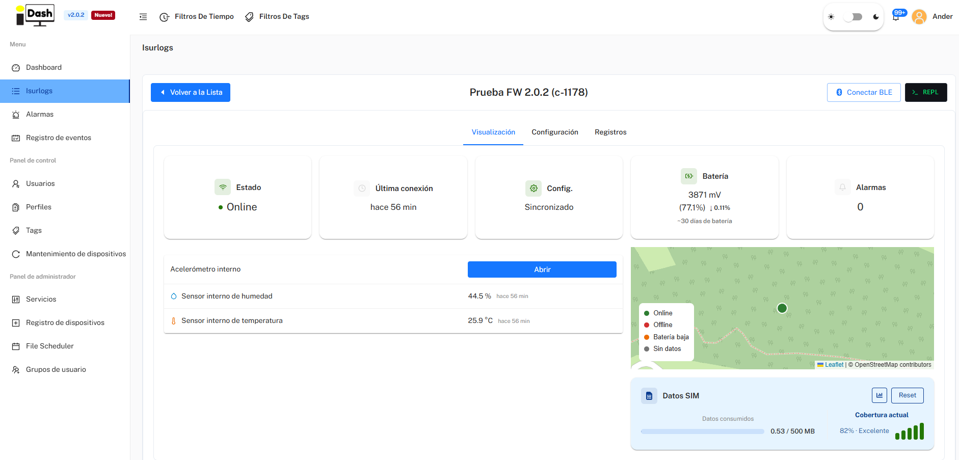 IsurDASH device status, sensors, map and SIM data