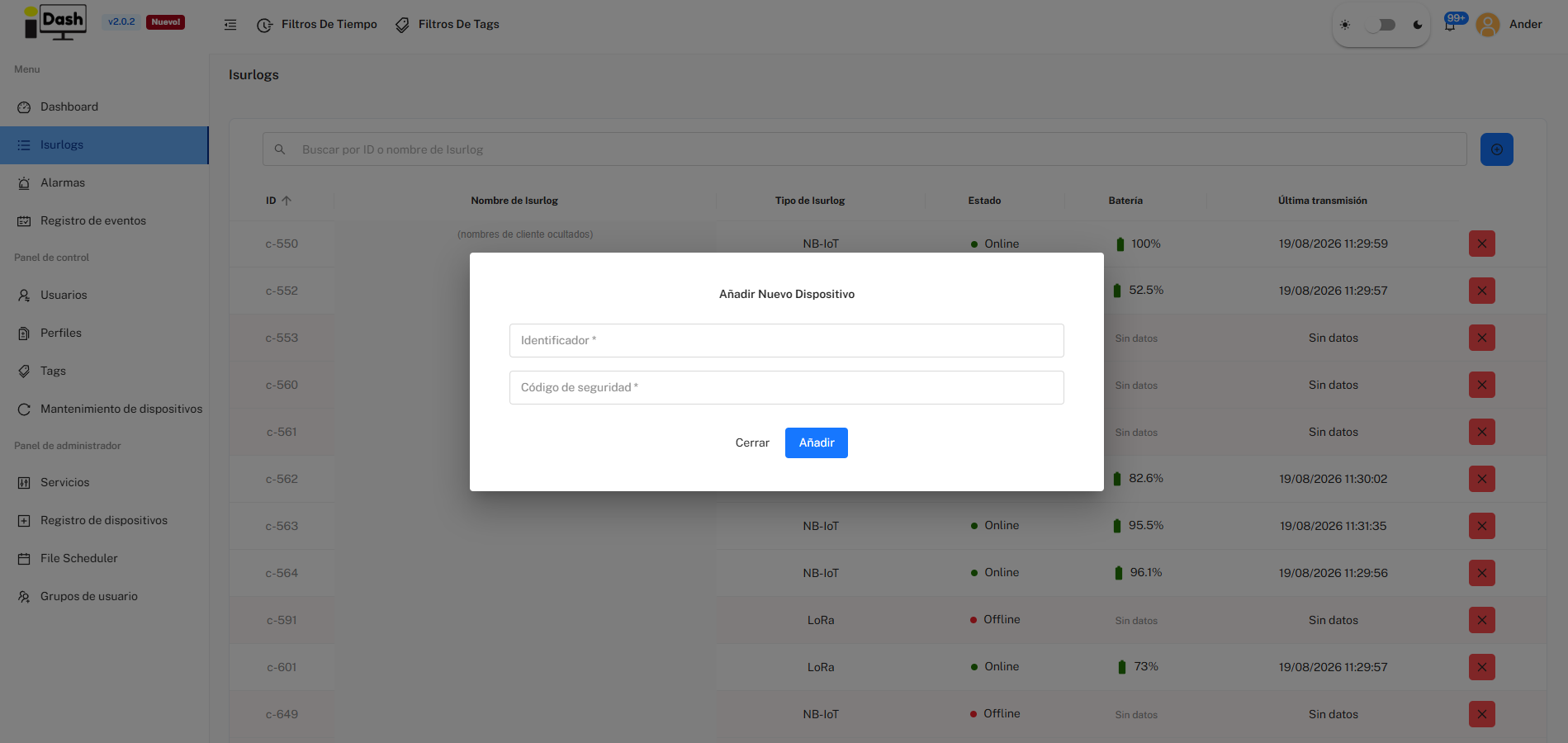 IsurDASH Añadir Nuevo Dispositivo dialog