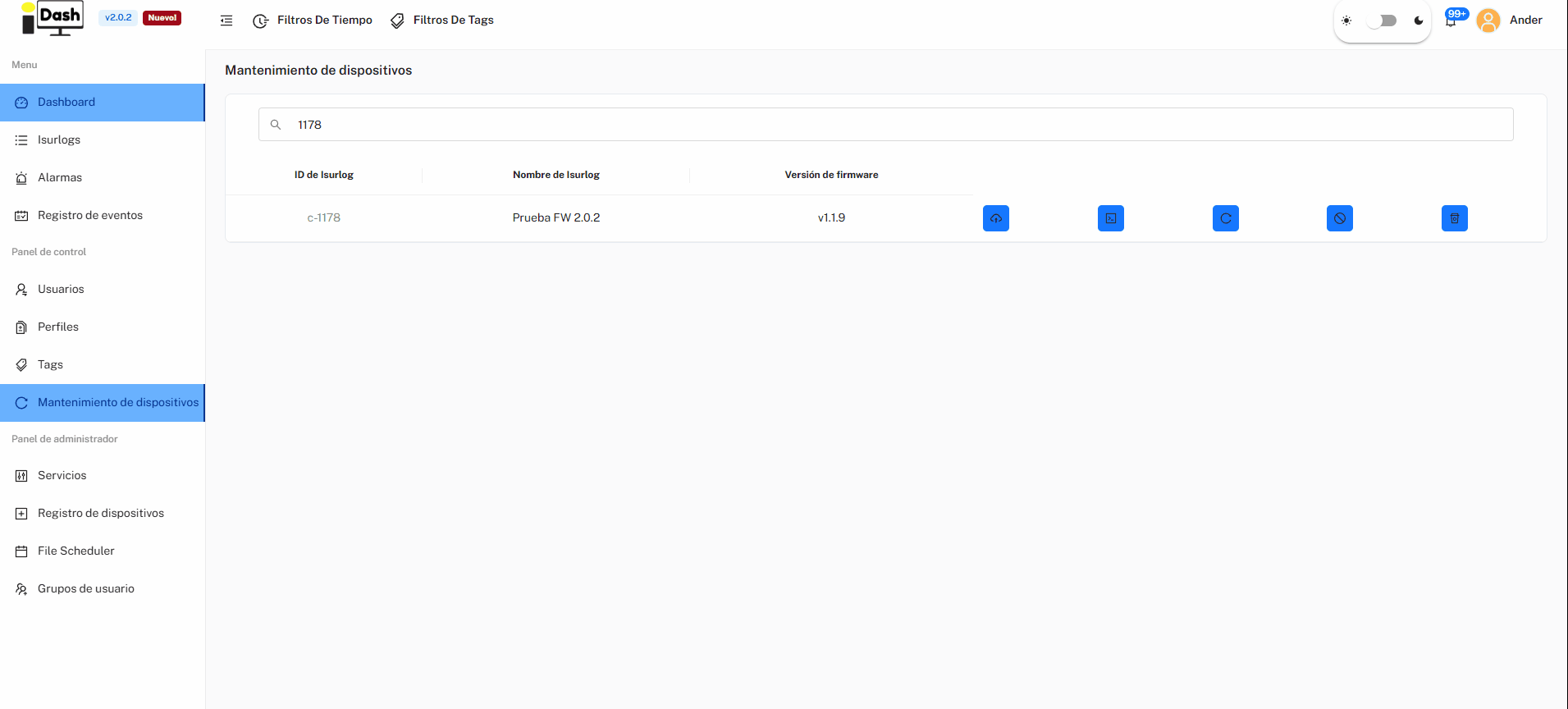 IsurDASH firmware update flow: choosing Remoto or Serial port (USB), then a firmware version