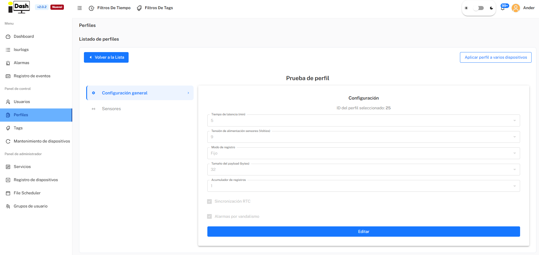 IsurDASH Profile management screen