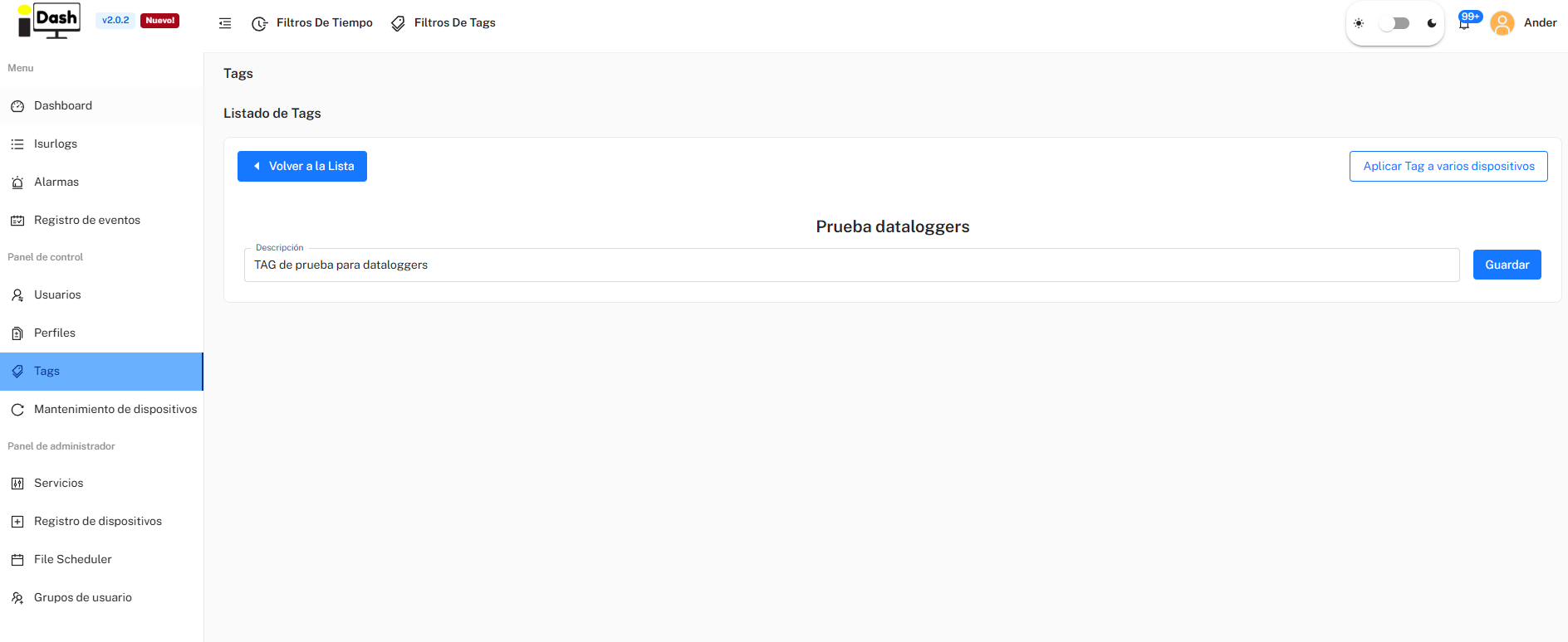 IsurDASH Tag management screen