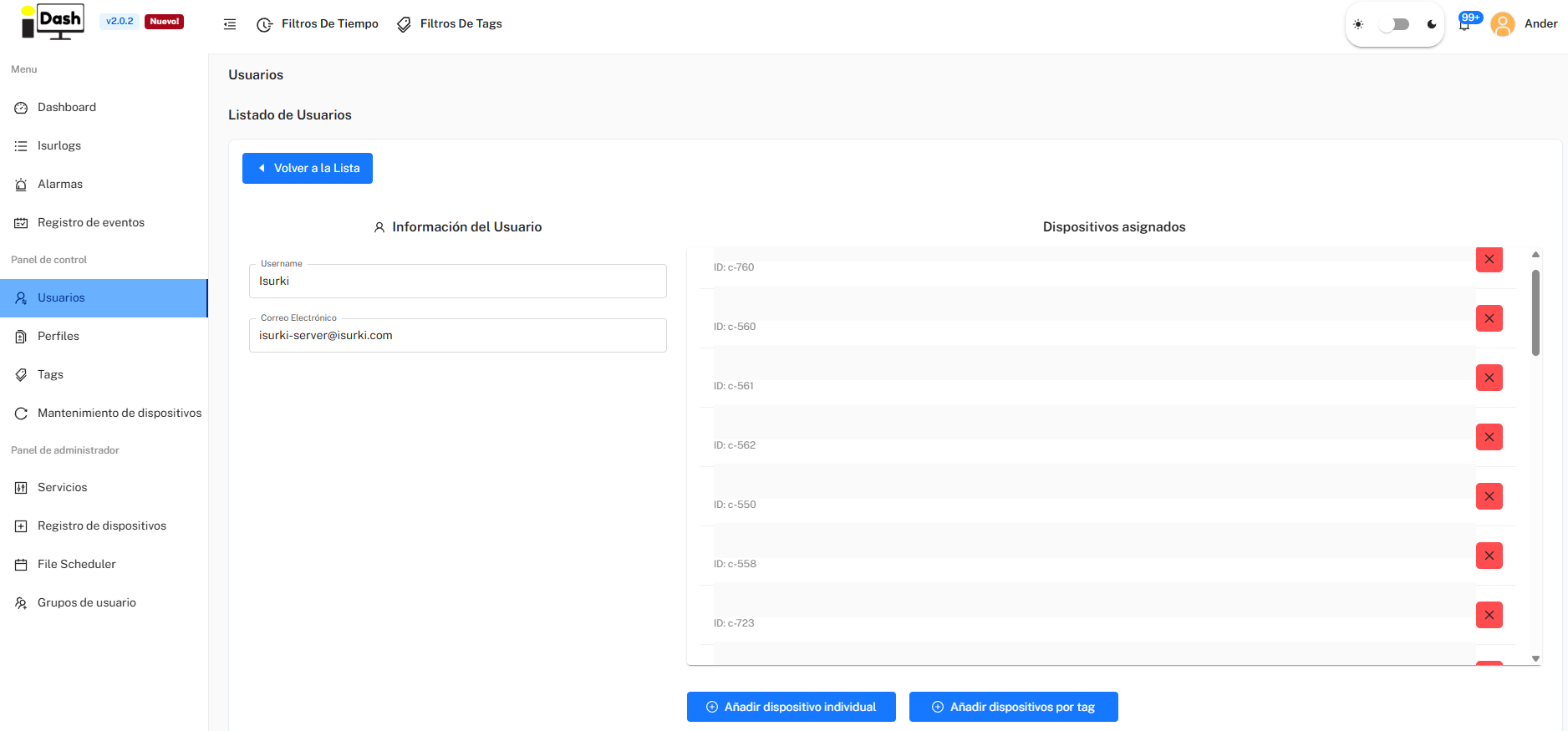 IsurDASH interface for assigning devices to a user